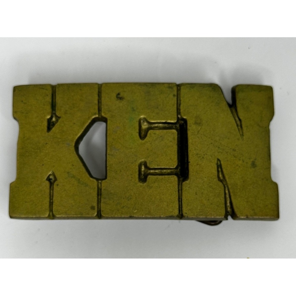 KEN Belt Buckle Iconic 70s Cut Out Solid Brass Name Hippy Boho Vtg Taiwan 4018
